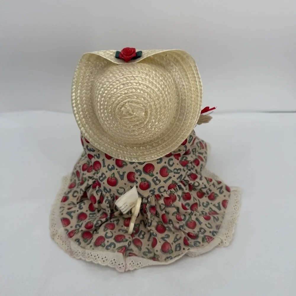 Cacos‎ Musical Wind Up Rag Doll Apple ABC Dress Straw Hat VTG Cottage Core